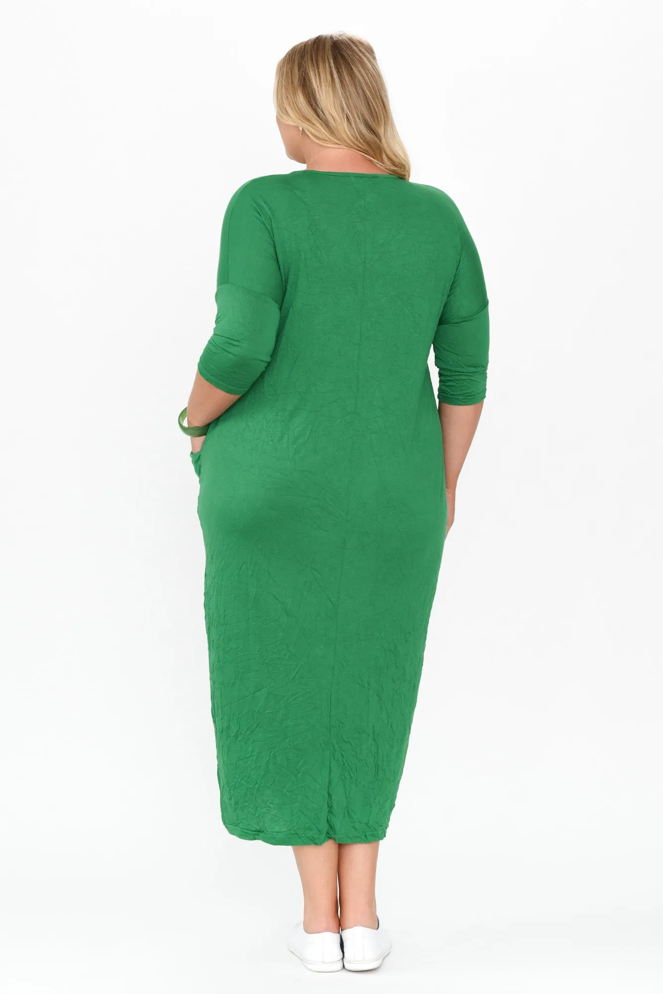 Travel Green Crinkle Cotton Sleeved Maxi Dress