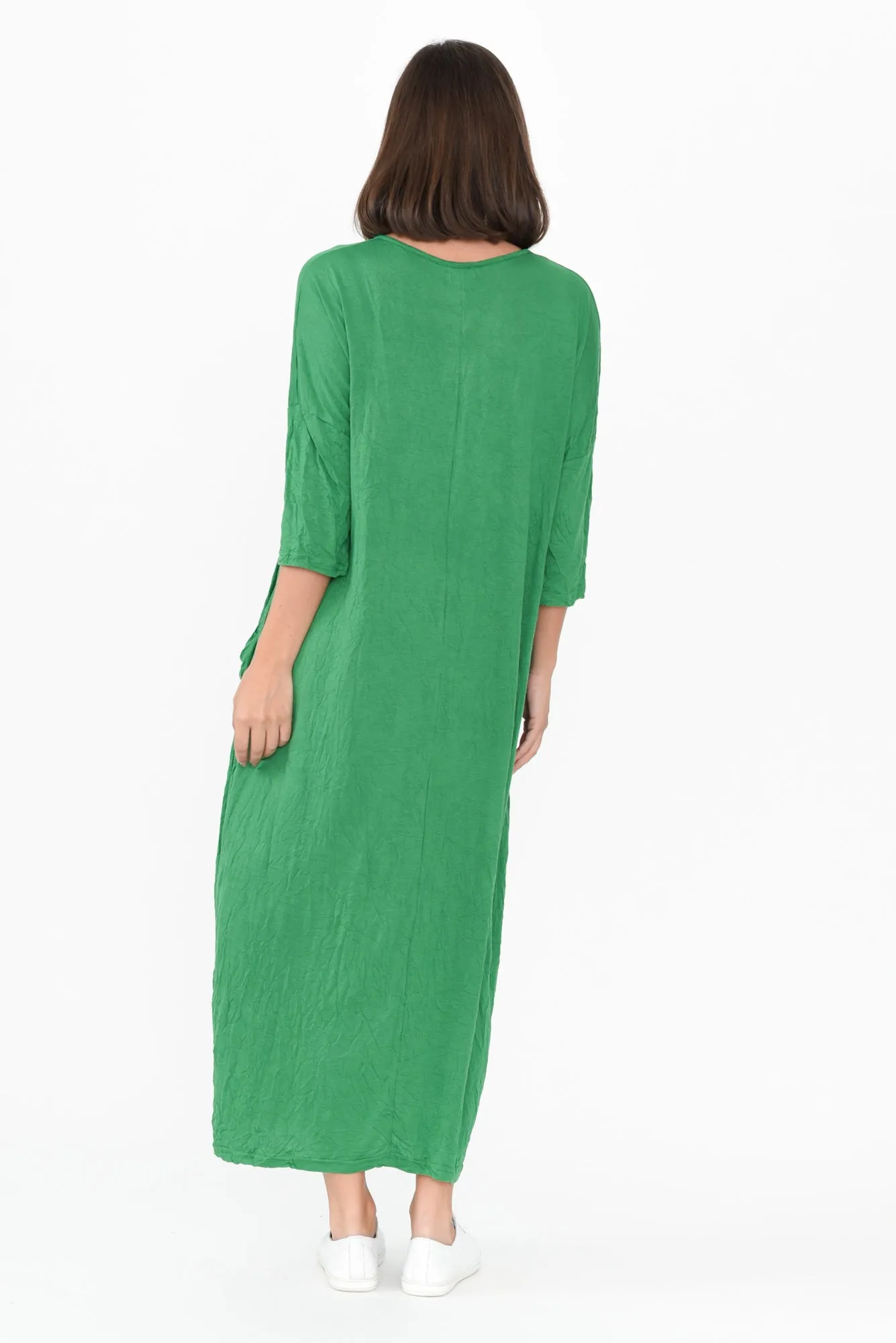 Travel Green Crinkle Cotton Sleeved Maxi Dress