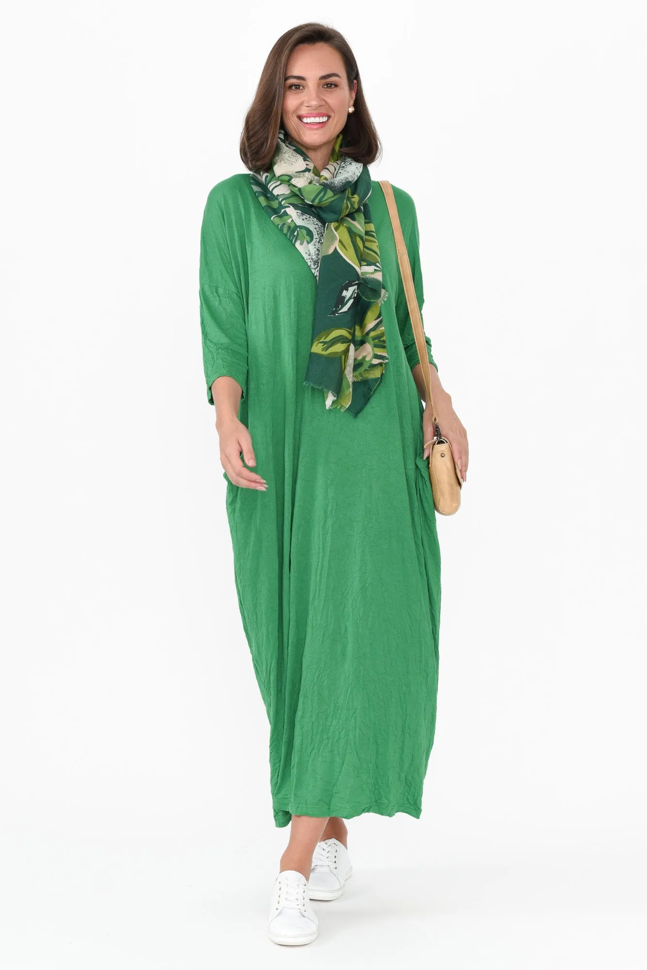 Travel Green Crinkle Cotton Sleeved Maxi Dress