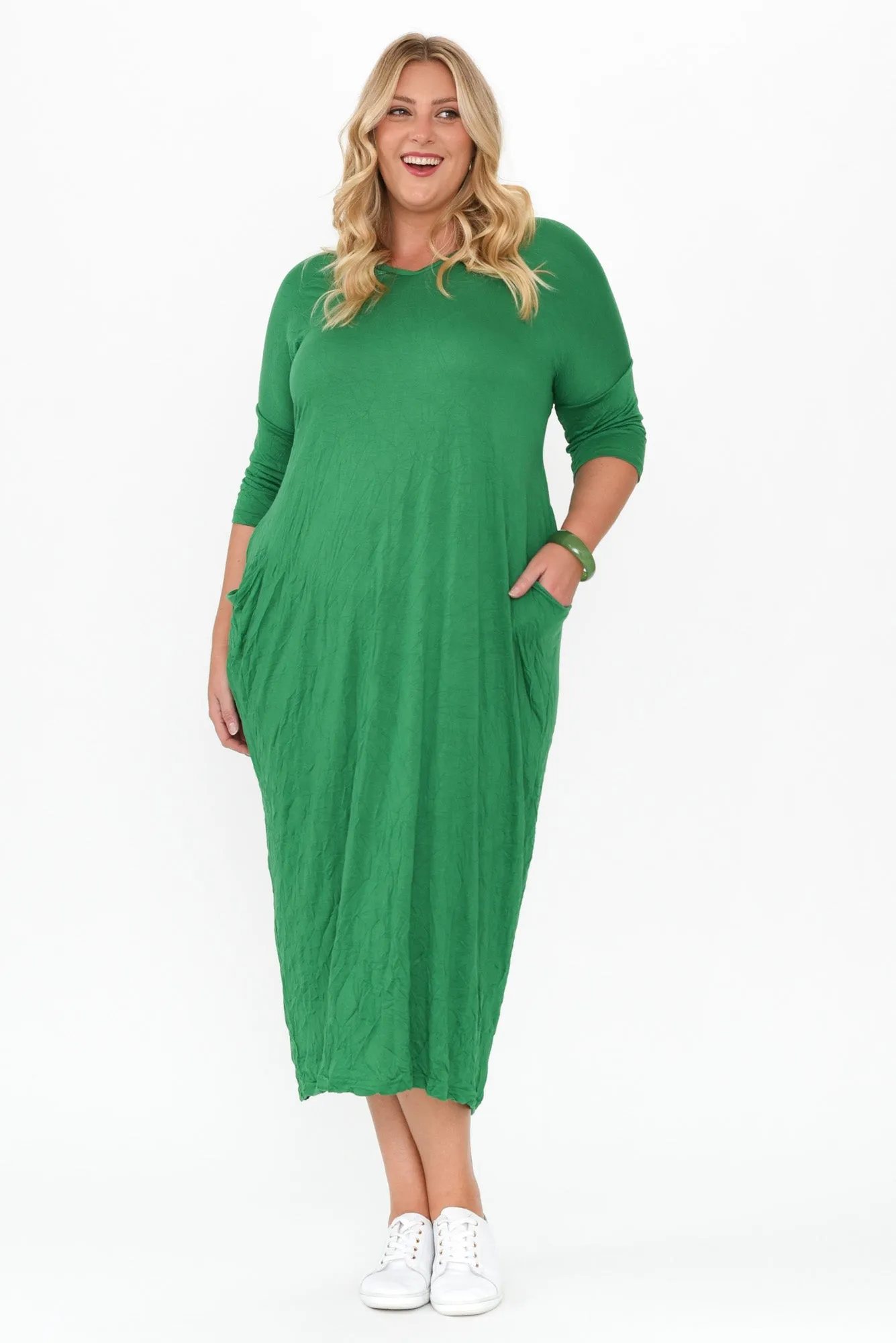 Travel Green Crinkle Cotton Sleeved Maxi Dress