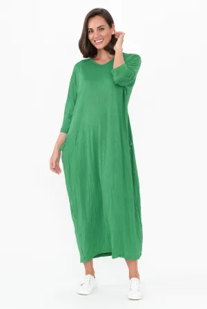 Travel Green Crinkle Cotton Sleeved Maxi Dress