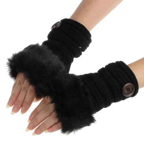 Women Winter Knitted Faux Fur Fingerless Gloves - Soft Warm Mitten