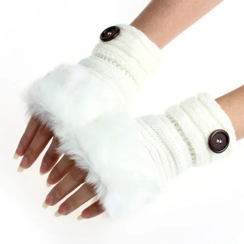 Women Winter Knitted Faux Fur Fingerless Gloves - Soft Warm Mitten