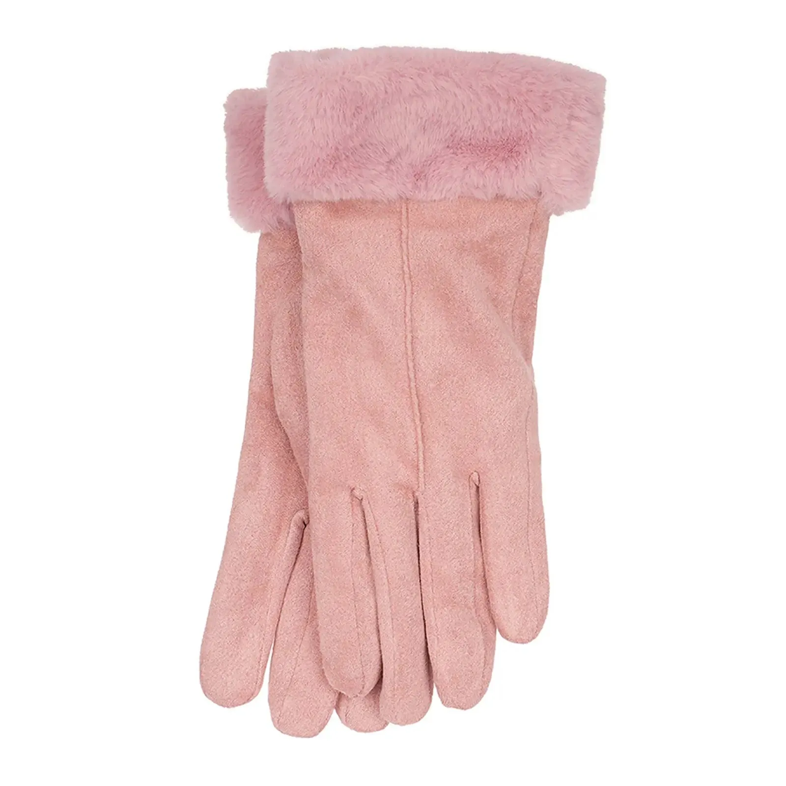 Womens Faux Suede Gloves Sherpa Fleece Lining Fur Trim Winter